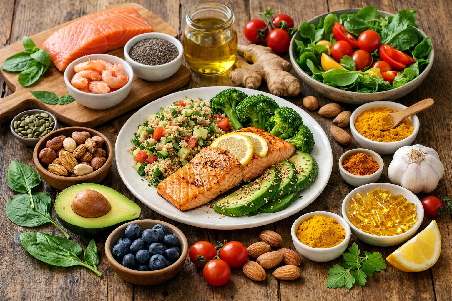 Healthy balanced meal with omega-3 rich foods, fresh vegetables, nuts, and anti-inflammatory ingredients arranged on a wooden table, natural light, wellness concept